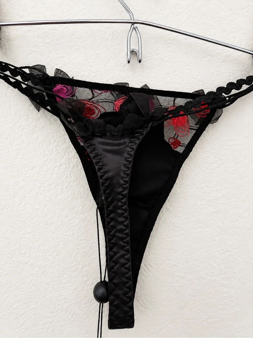 For Love and Lemons Black Satin Thong with Pink & Red Heart Embroidery